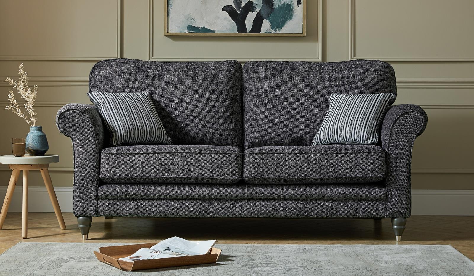 Woodstock 3 Seater Sofa In Montego Plain Starlight Fabric With Estelle Stripe Starlight Scatters